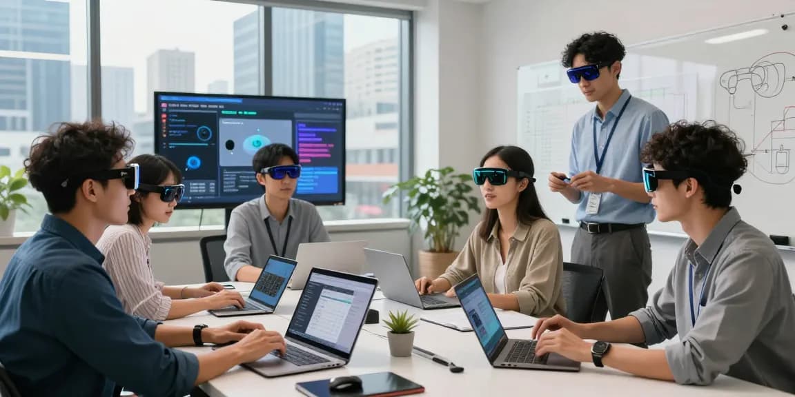 Professionals collaborating with smart glasses in a modern tech workspace, enhancing productivity and creativity.