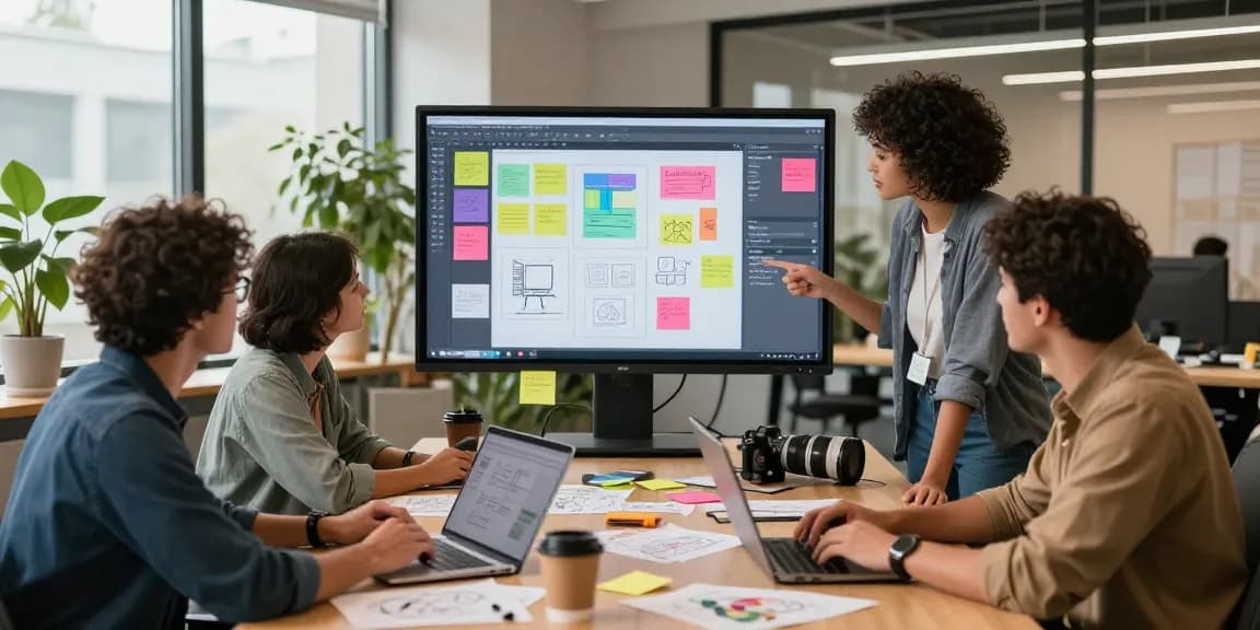 Team collaborating on a mix board project in a vibrant workspace.
