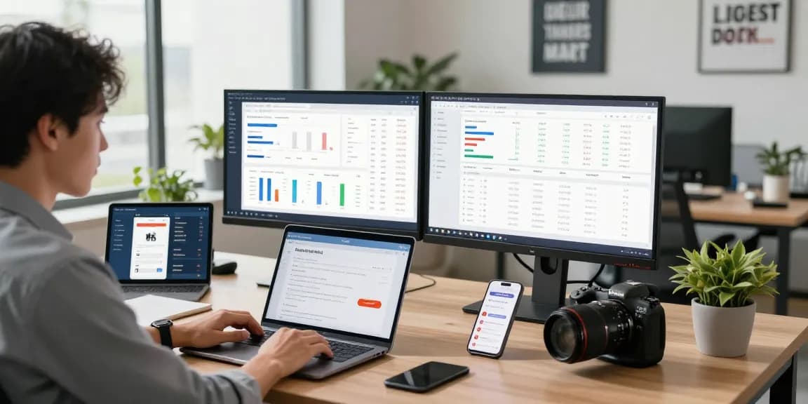 Business professional analyzing online payment gateway analytics on laptop in a modern office setting.