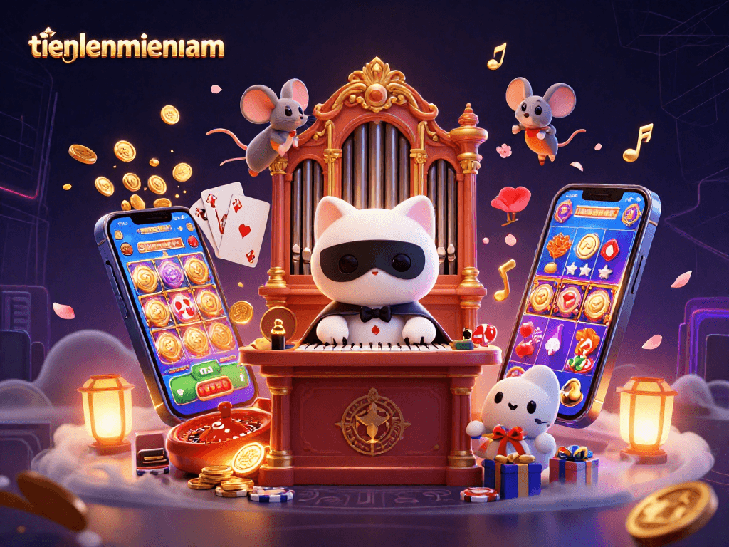 Engage with winning strategies in tienlenmiennam as colorful slot games and casino elements create a vibrant atmosphere.