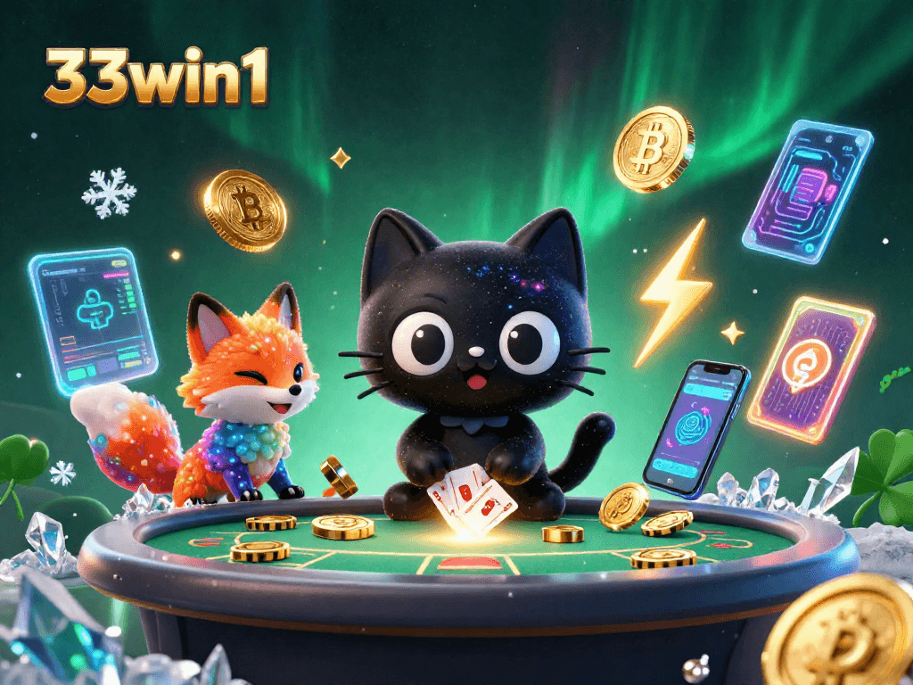 33win1 cosmic casino scene with unique characters and crypto elements creating a vibrant and enticing atmosphere.