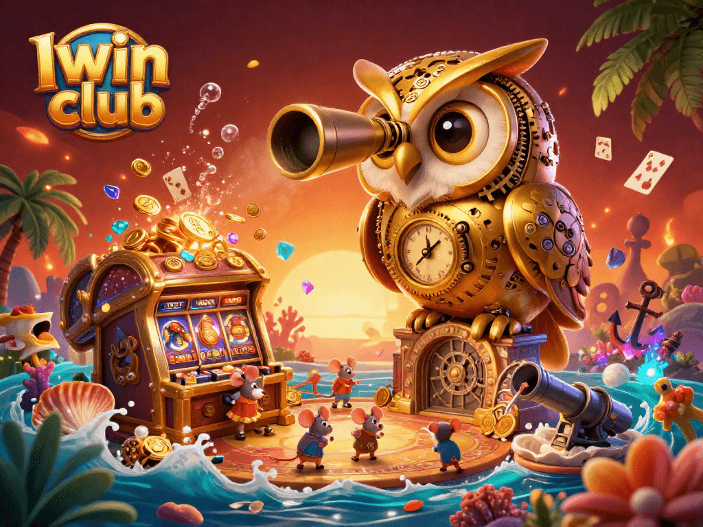 Iwin club promotes a lively casino scene with a golden owl and mouse patrons amidst dynamic game elements.