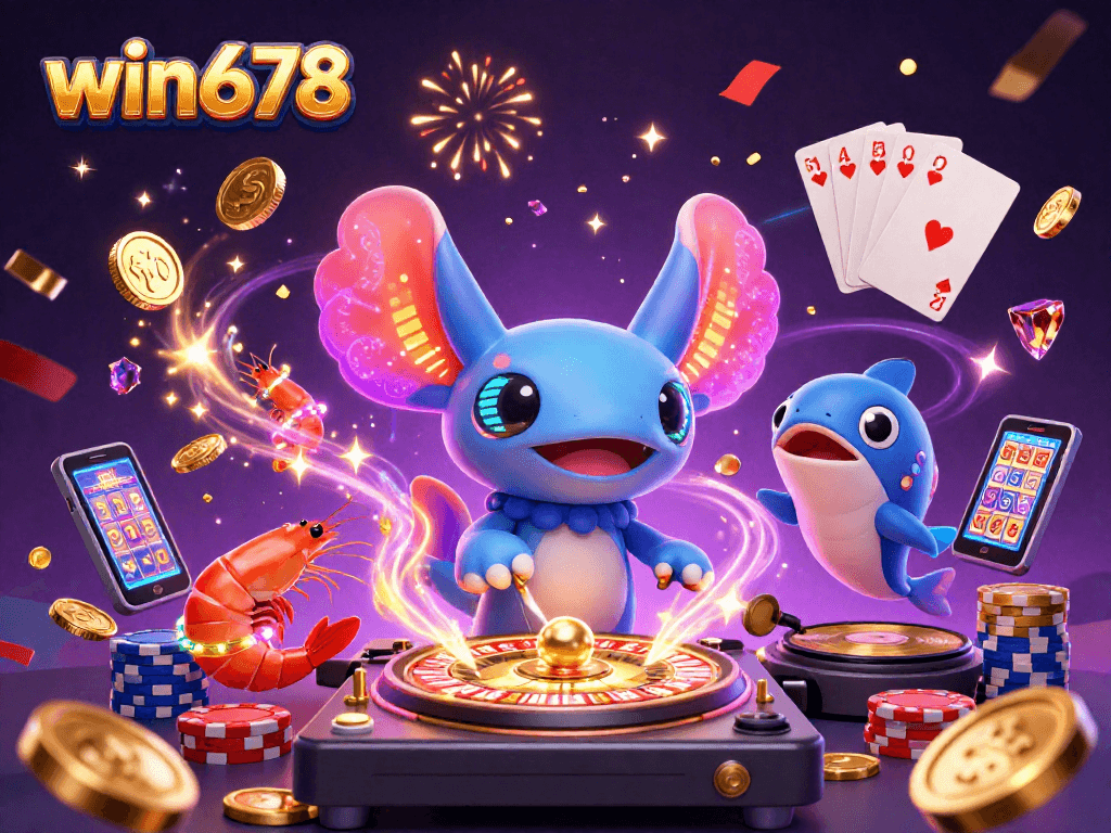 Join the fun at win678 with vibrant casino elements, featuring a neon axolotl DJ and dancing characters.