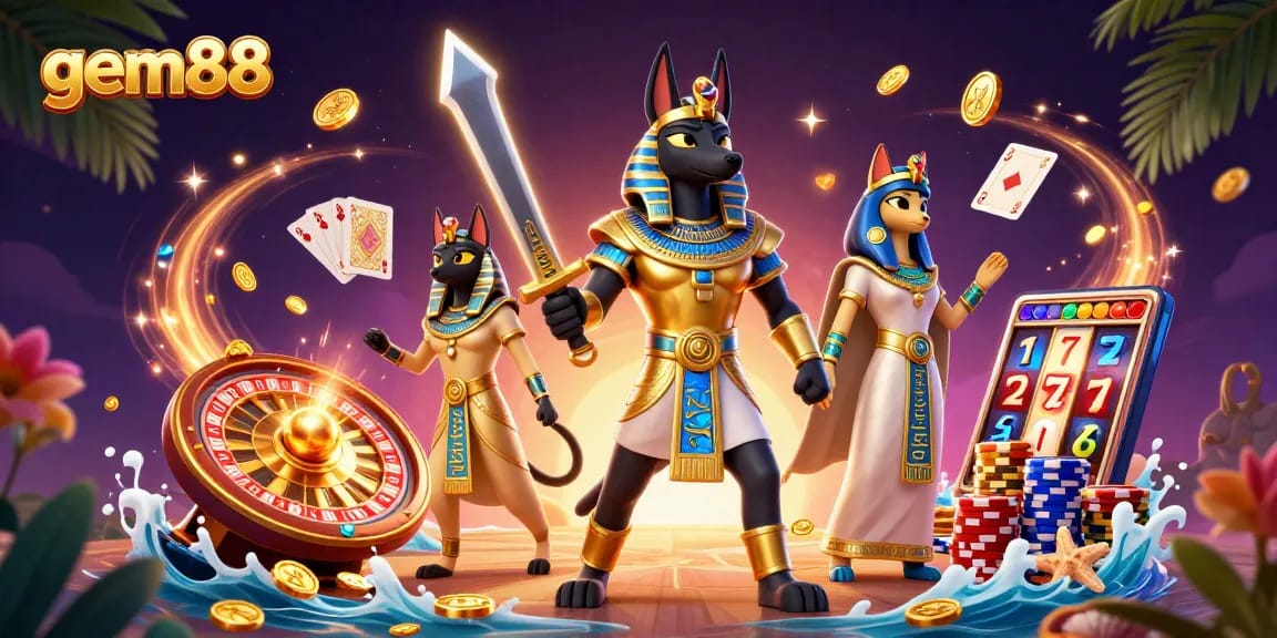 Experience the excitement of gem88 with Anubis and Bastet amid cascading coins and vibrant casino elements.