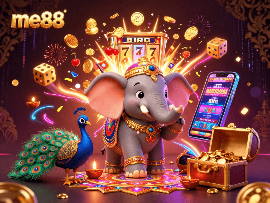 Experience the vibrant world of me88 with a festive casino scene filled with jackpots and winning symbols.