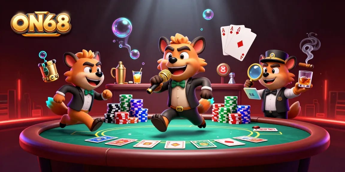 Experience the thrill of ON68 with hyenas in a vibrant casino scene, showcasing poker action.