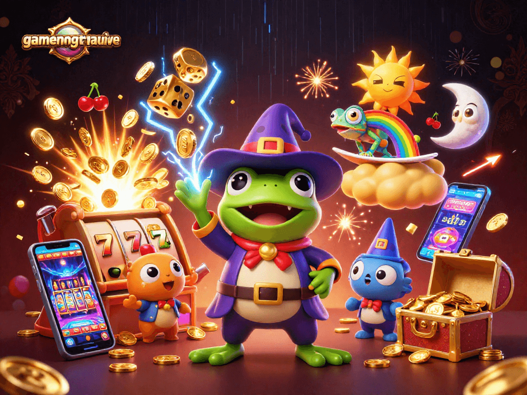 gamenongtraivuive showcases a wizard frog unleashing a jackpot of coins in an enchanting casino scene