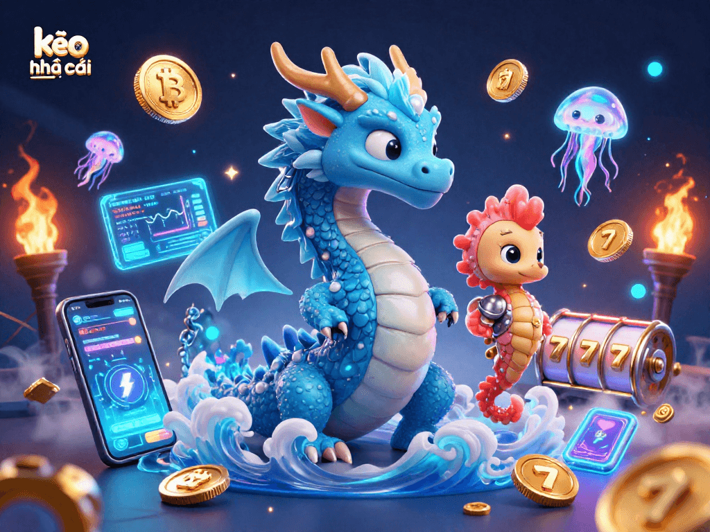 Experience thrilling kèo nhà cái action with a vibrant illustration featuring an azure water dragon, seahorse knight, and neon jellyfish.