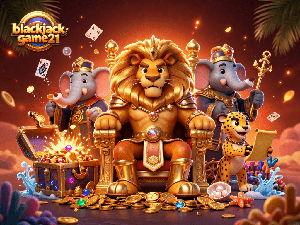 Engage with blackjack-game21 featuring a lion king, elephant advisor, and cheetah messenger in a vibrant casino scene.