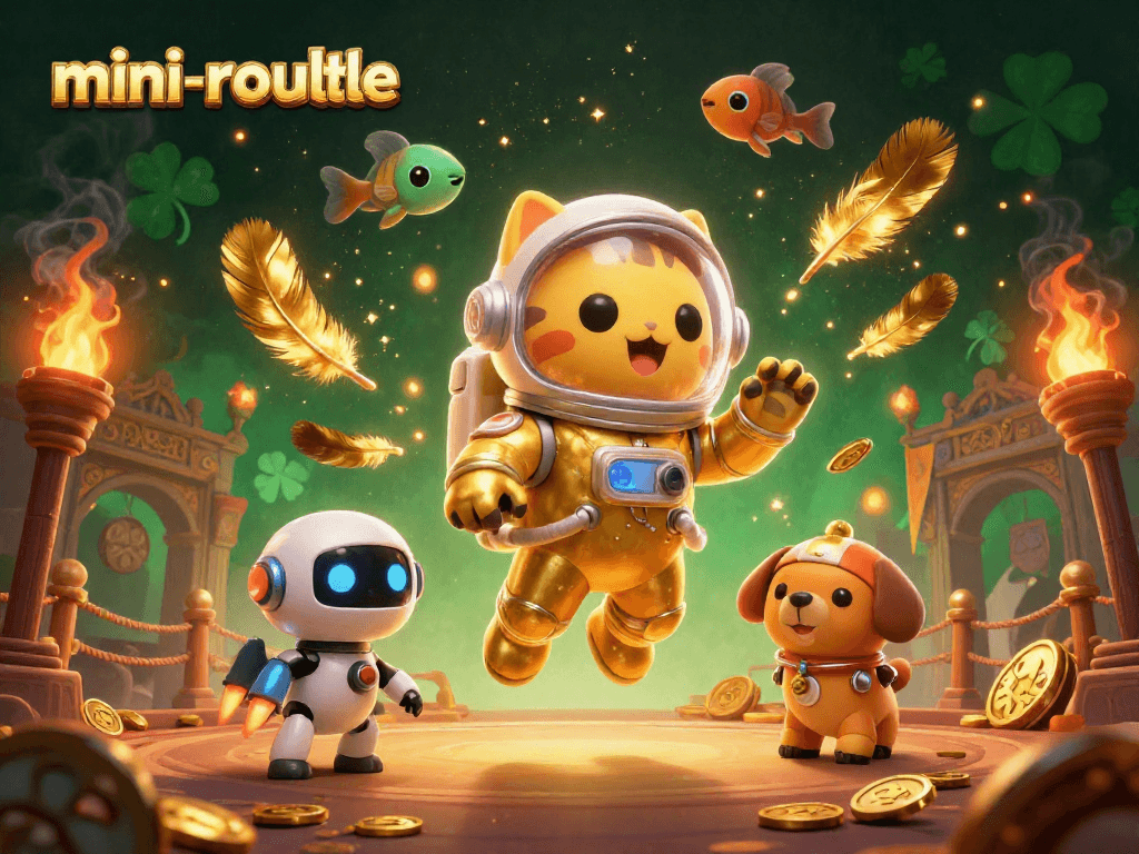 Experience the excitement of mini-roulette with a cosmic adventure featuring an astronaut cat and robotic dog in action, amidst golden elements.