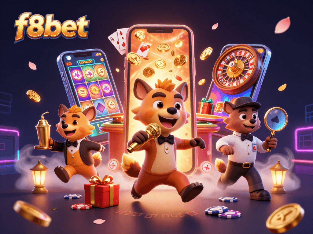 Experience the exciting world of f8bet casino with cartoon hyenas in a vibrant comedy club setting.