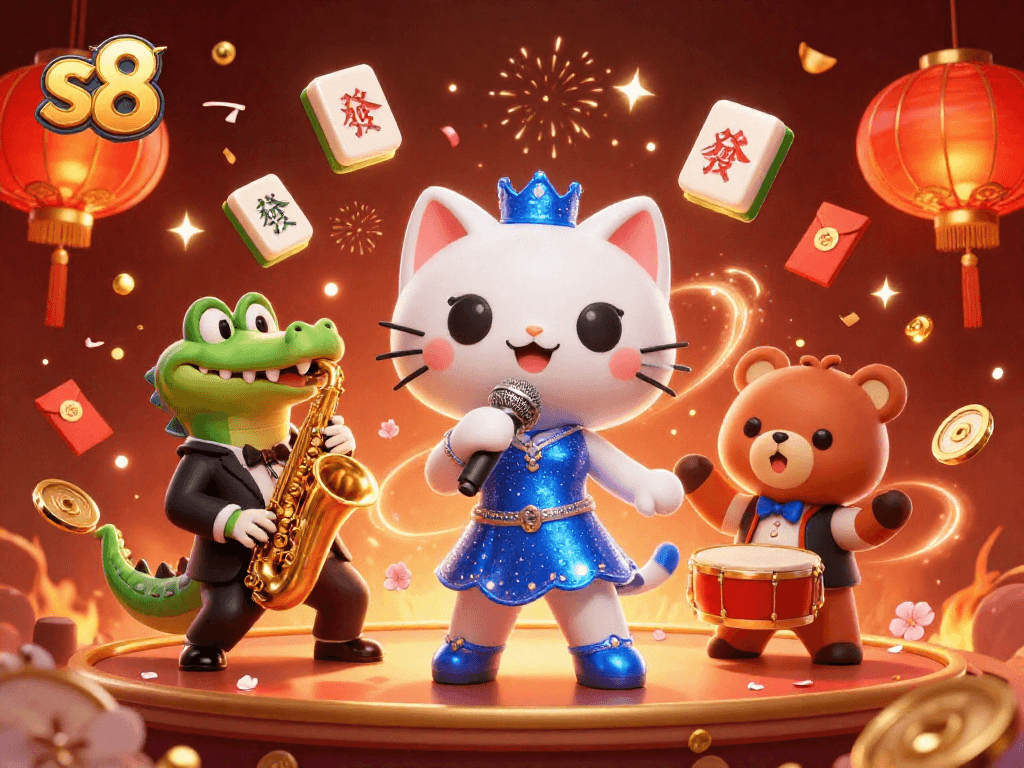 Experience the thrills of s8 casino with vibrant 3D characters performing in a festive atmosphere.