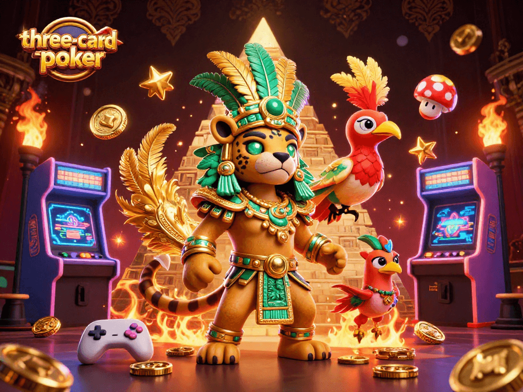Experience thrilling three-card-poker action with dynamic gaming elements in this immersive illustration.