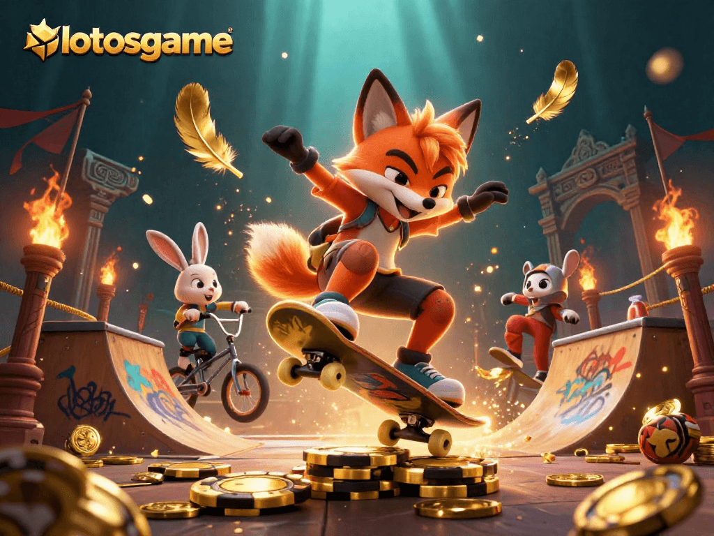 Watch the lotosgame characters in action, with excitement and vibrant casino elements in the backdrop.