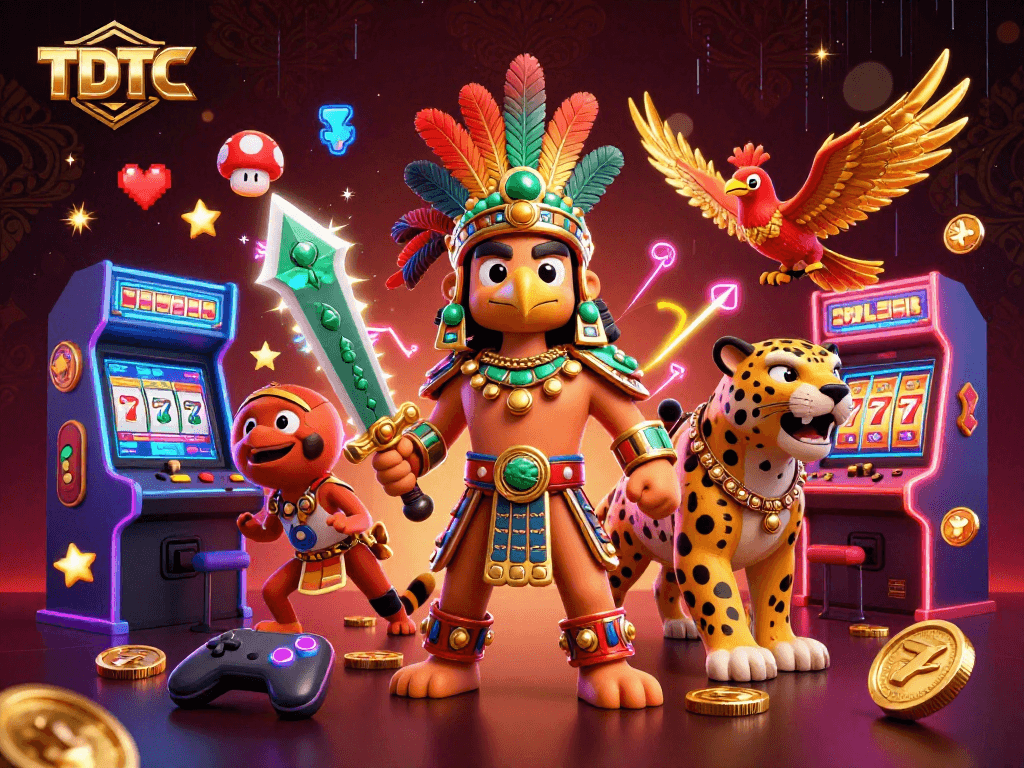 Experience thrilling TDTC gaming with Aztec warriors and vibrant casino elements.