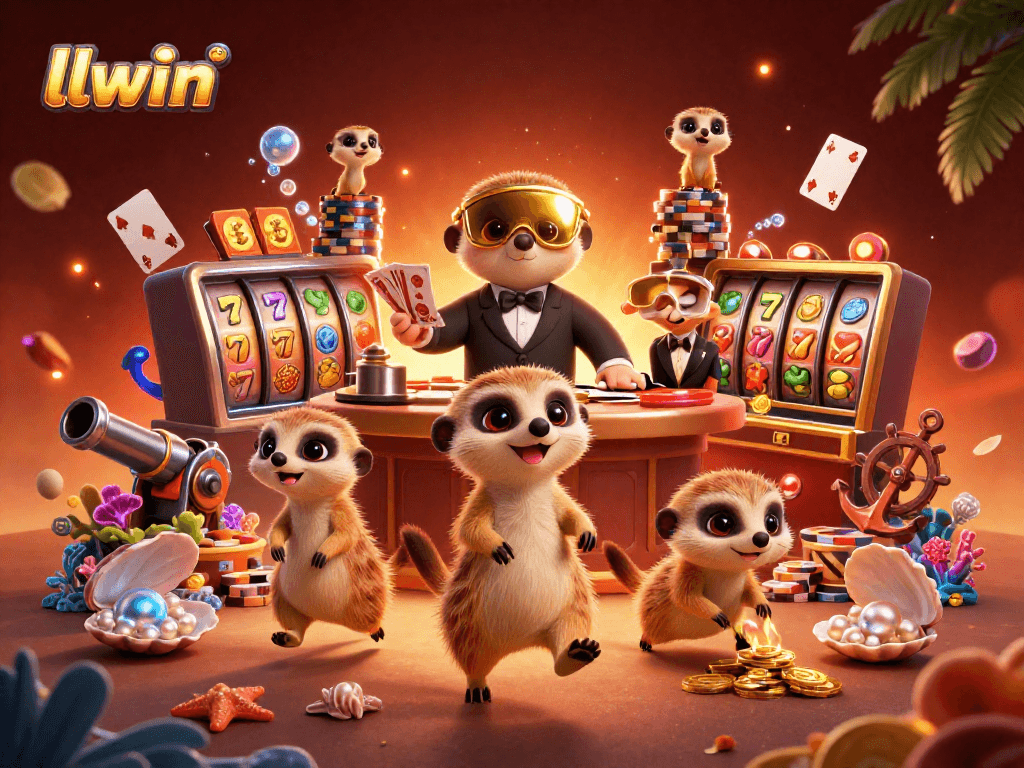 Experience the excitement of llwin with animated meerkats creating casino magic, lively game elements surrounding them.