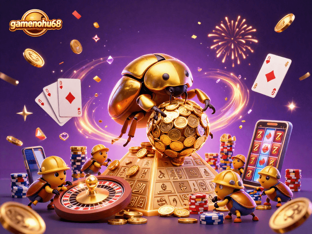 Experience thrilling moments with gamenohu68 as cartoon beetles celebrate casino wins...