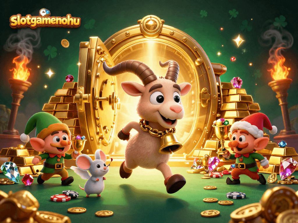 Experience thrilling gameplay at slotgamenohu with festive characters stealing poker chips in a vibrant casino.