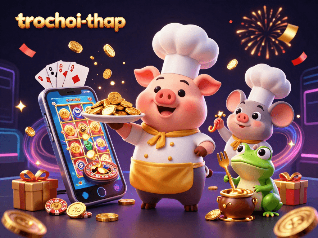 Engage with trochoi-thap through a fun gaming scene featuring a chef pig, sous-chef mouse, and a critic frog celebrating a jackpot.
