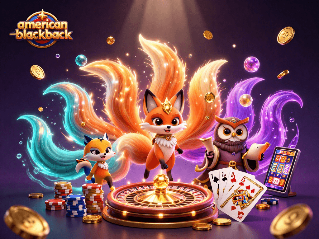 Experience the excitement of American Blackjack with colorful characters amidst casino elements.