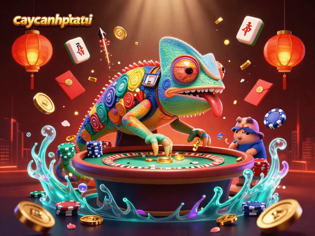 Engage with caycanhphattai in this lively 3D casino scene featuring a colorful chameleon and dynamic game symbols.