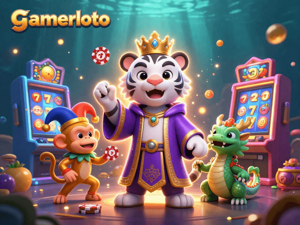 Experience thrilling gameplay with gamerloto featuring a royal tiger and lively characters in a vibrant casino.