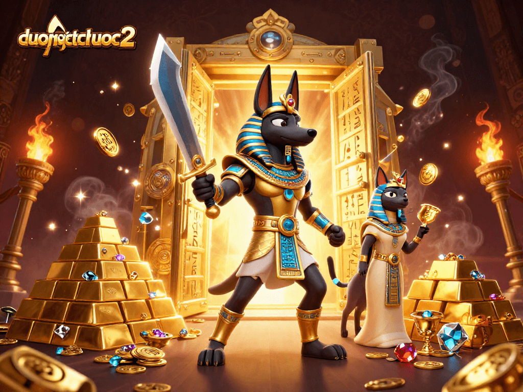 Engage with duongmatchuoc2's thrilling gameplay featuring Anubis and Bastet amidst golden treasures.