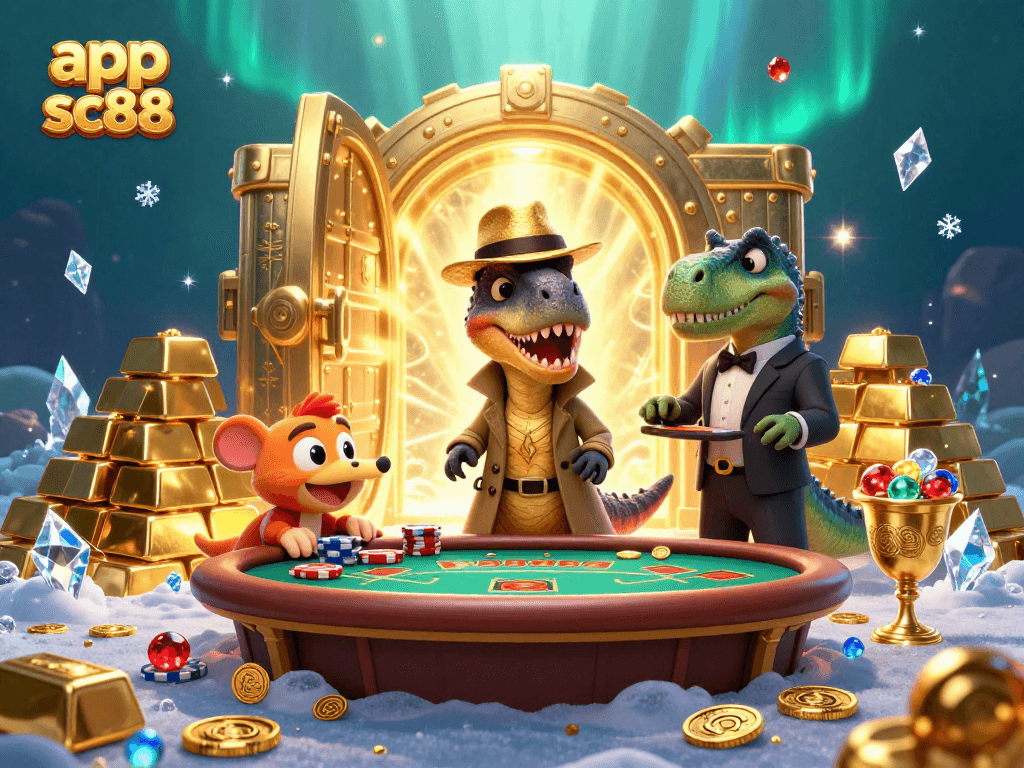 Bet big with app sc88 featuring a velociraptor card counter at a blackjack table, surrounded by treasures.
