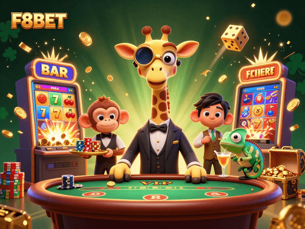 Play and win at F8BET with a lively casino scene featuring characters celebrating big wins.