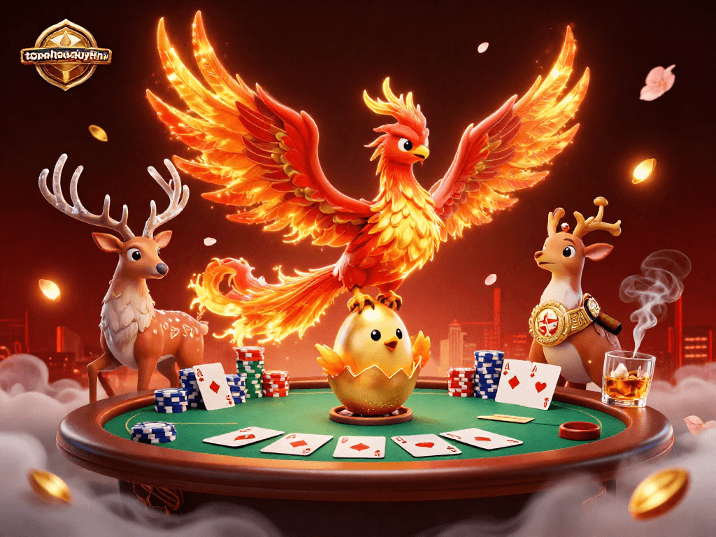 topnhacaiuytinn shows a vibrant scene with a golden fire phoenix and poker elements.