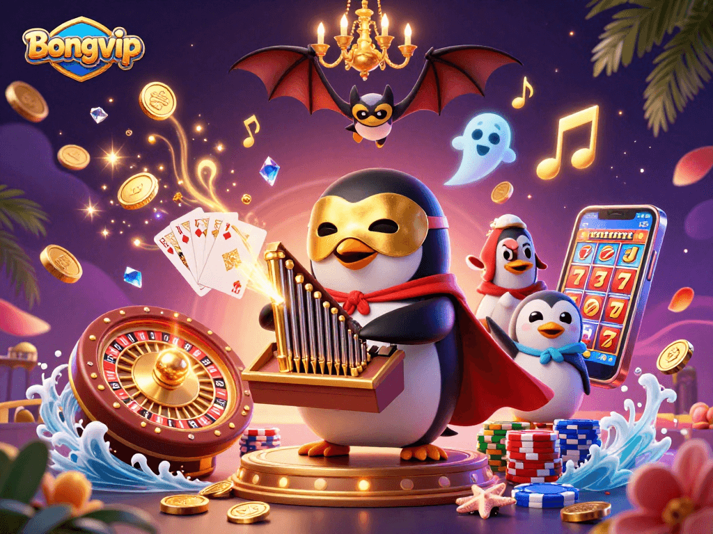Bongvip showcases thrilling casino games with 3D characters in a vibrant digital scene, emphasizing fun and excitement.