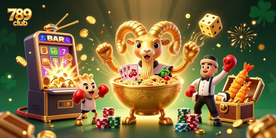 Join the excitement at 789 club with a vibrant 3D casino scene featuring animated food characters.