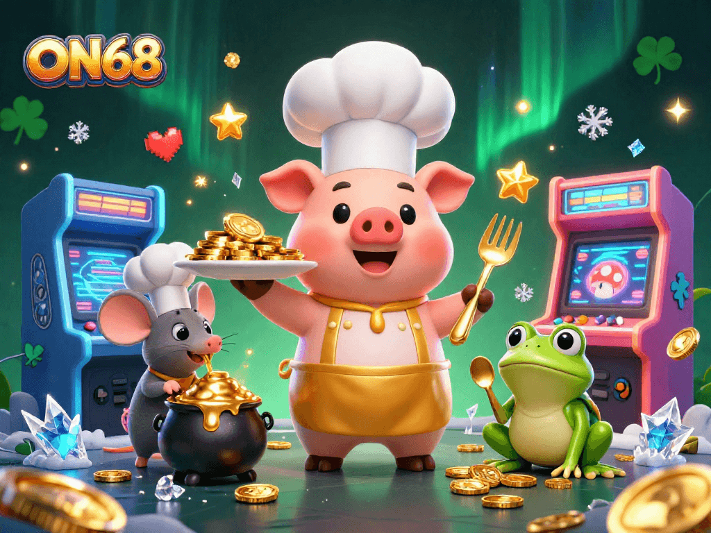 Engage in thrilling gaming experiences with ON68's vibrant casino illustration featuring animated chefs and game elements.
