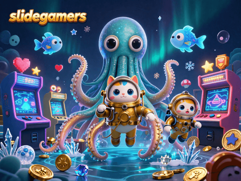 Engage with slidegamers through an exhilarating scene featuring a colossal kraken and diving cat amid vibrant gaming elements.