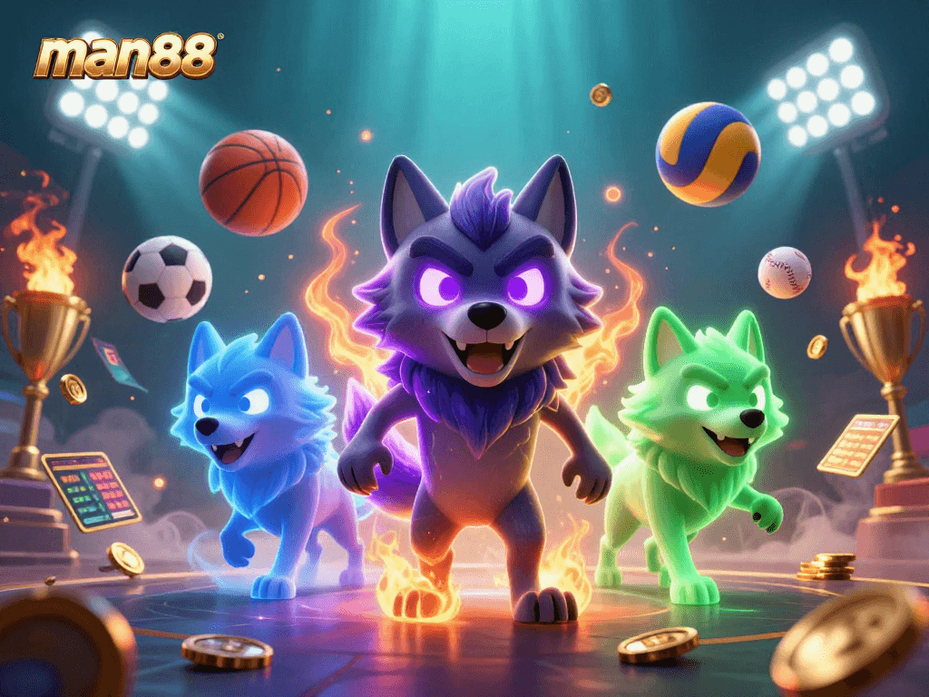 Experience thrill at man88 with energetic wolf pack, dynamic sports elements, and jackpot excitement.