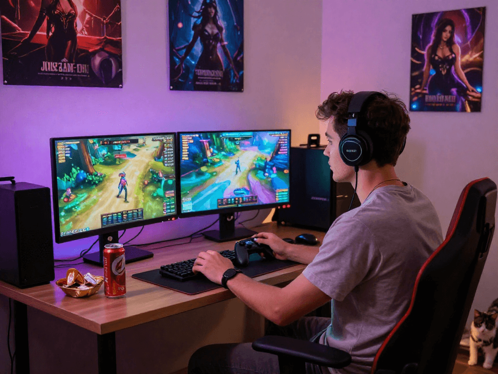 Interactive gameplay scene featuring adult-focused porn games, gamer surrounded by engaging visuals and a cozy atmosphere.