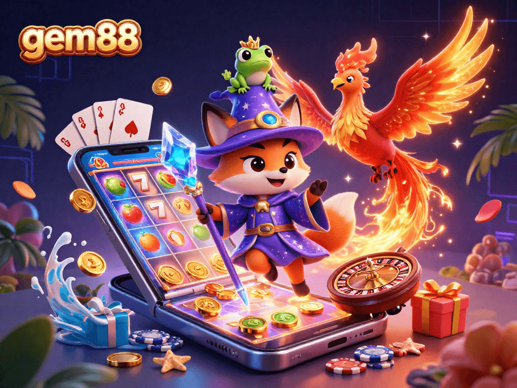 Spin to win big with gem88 in this vibrant casino-themed 3D illustration featuring fun characters and games.