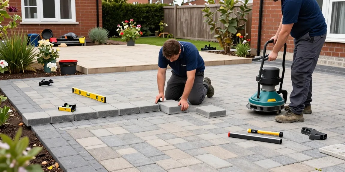 Driveways & Patios installation with expert team laying block paving in Dublin, sunny garden backdrop highlighting craftsmanship.