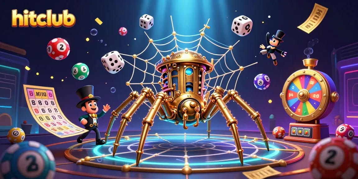 Engage with hitclub's gaming world featuring a steampunk spider and vibrant lottery elements.