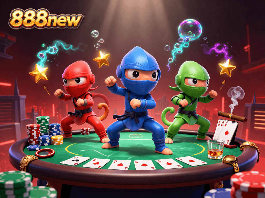 Engage with 888new's dynamic casino action featuring a chameleon ninja poker scene.