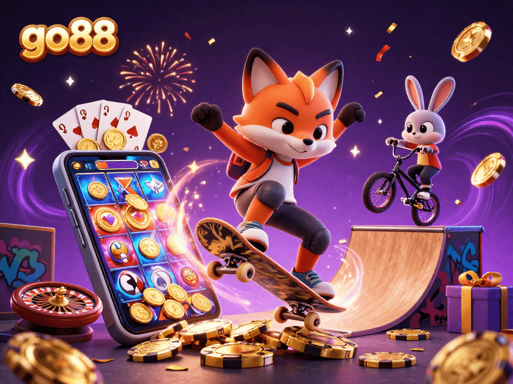 Exciting go88 scene with a skateboarder fox and BMX rabbit surrounded by vibrant casino elements.
