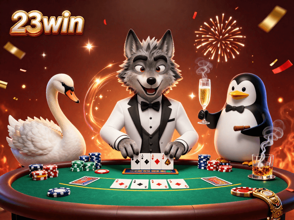 Experience the elegance of 23win with a debonair wolf and elegant swan at a vibrant baccarat table.