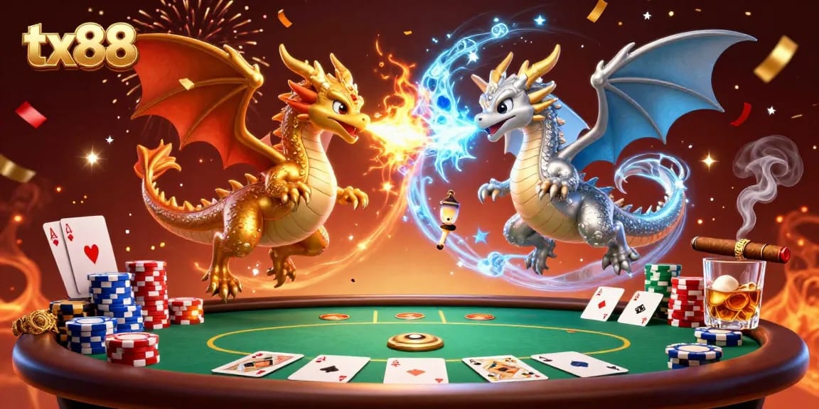 tx88 engages players with a vibrant 3D scene of dragons and poker elements showcasing thrilling gameplay.