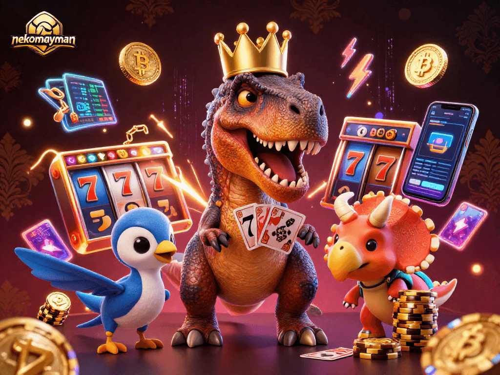 Win big in nekomayman with T-Rex shuffling cards and dinosaurs stacking chips in a colorful scene.