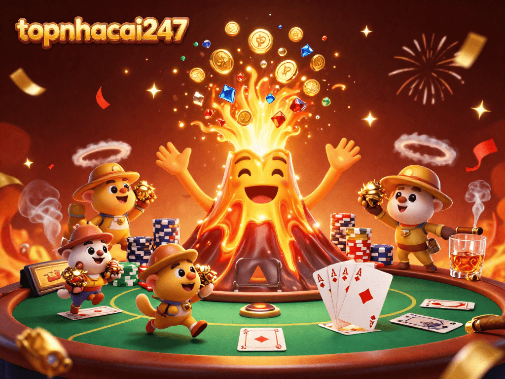 Play to win at topnhacai247 with an energetic 3D casino-themed illustration featuring a volcano of treasures.