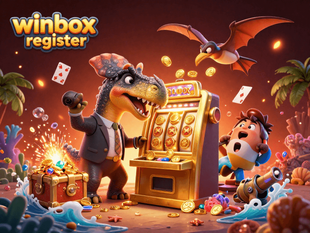 Winbox register captures gaming excitement with a pachycephalosaurus and golden slot machine.
