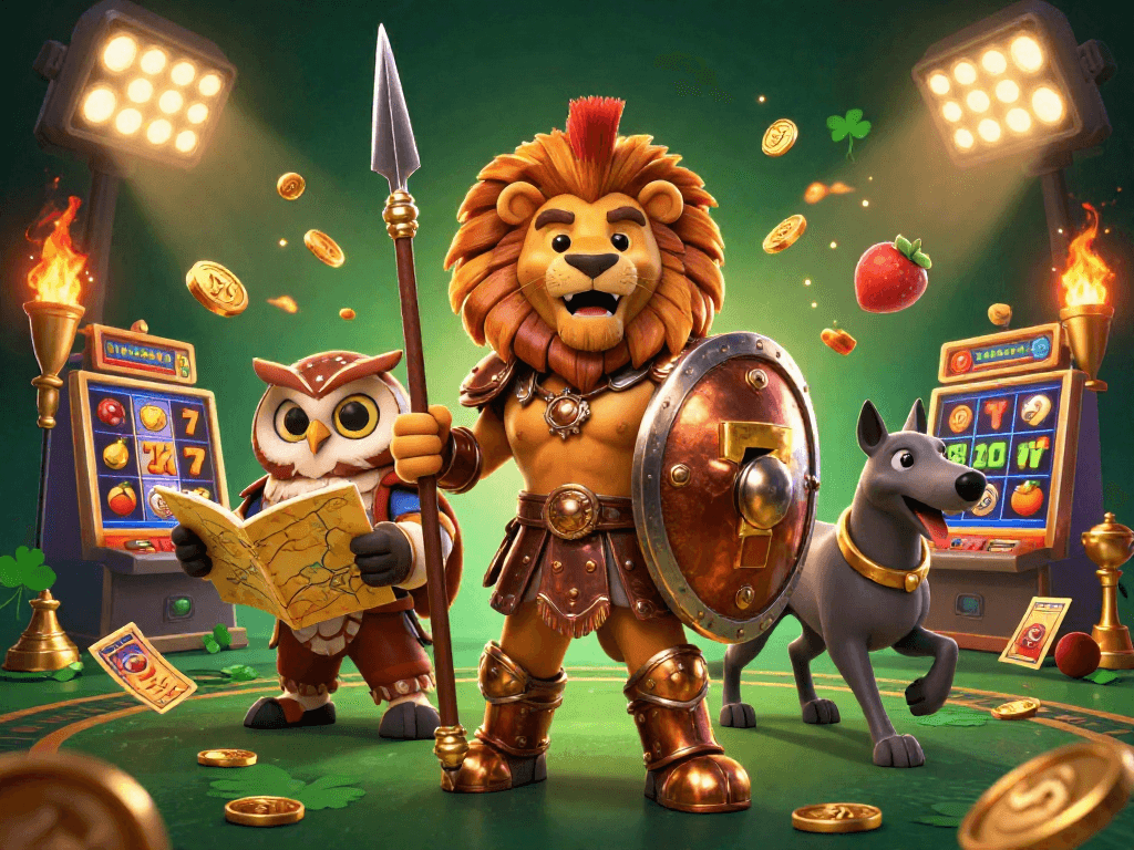Join the action in duongmatchuoc, featuring a gladiator lion and wise owl amidst slot machines and golden trophies.