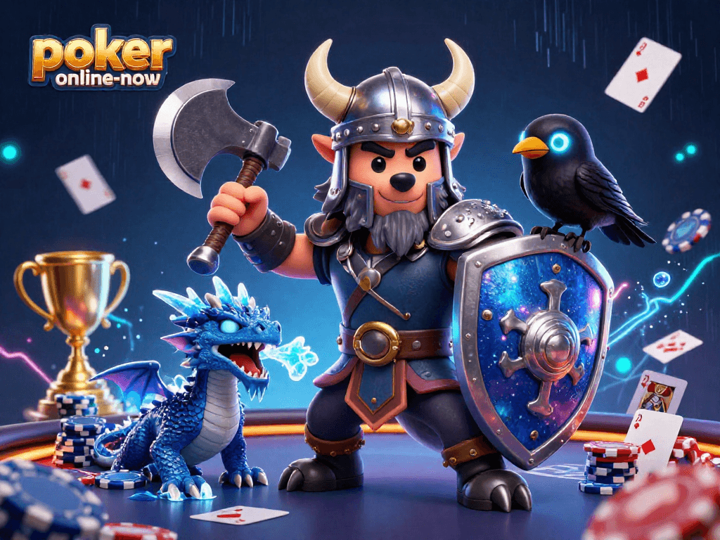 Engage with poker-online-now through an epic 3D illustration, showcasing thrilling poker battles.