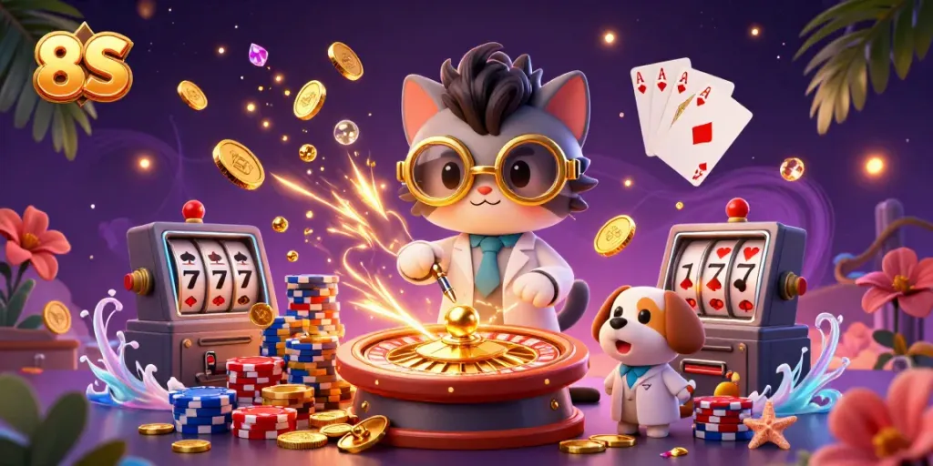 Generate excitement with the 8S-themed casino scene featuring a mad scientist cat and golden elements.