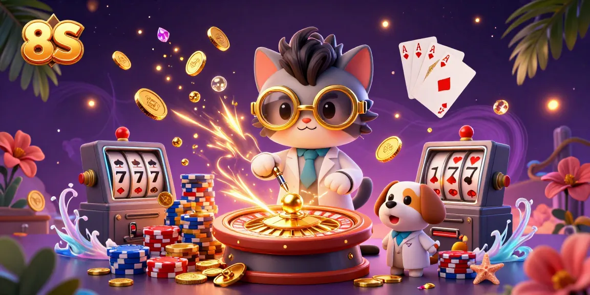 Generate excitement with the 8S-themed casino scene featuring a mad scientist cat and golden elements.